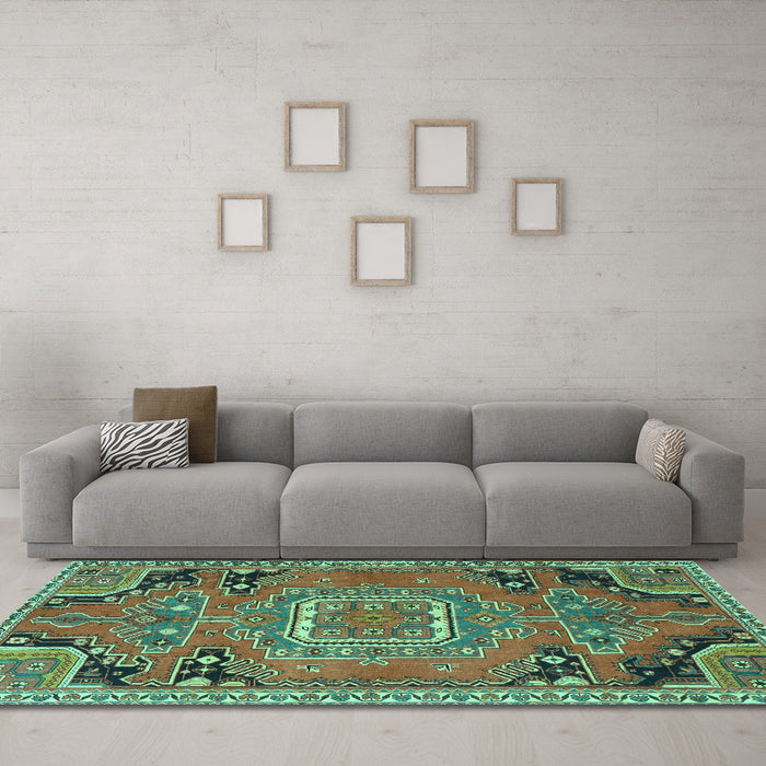 Machine Washable Medallion Turquoise Traditional Area Rugs in a Living Room,, wshtr1095turq