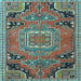 Square Machine Washable Medallion Light Blue Traditional Rug, wshtr1095lblu