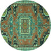 Round Machine Washable Medallion Turquoise Traditional Area Rugs, wshtr1095turq