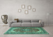 Machine Washable Medallion Turquoise Traditional Area Rugs in a Living Room,, wshtr1096turq