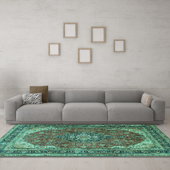 Machine Washable Medallion Turquoise Traditional Area Rugs in a Living Room,, wshtr1096turq