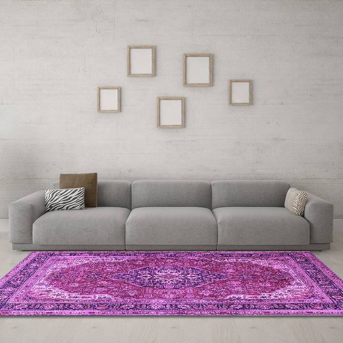 Machine Washable Medallion Purple Traditional Area Rugs in a Living Room, wshtr1096pur