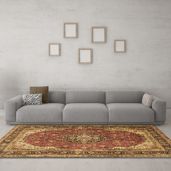 Machine Washable Medallion Brown Traditional Rug in a Living Room,, wshtr1096brn