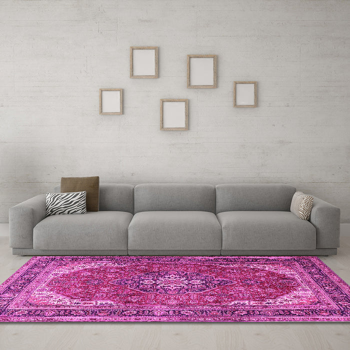Machine Washable Medallion Pink Traditional Rug in a Living Room, wshtr1096pnk