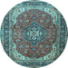 Round Machine Washable Medallion Light Blue Traditional Rug, wshtr1096lblu