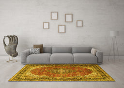 Machine Washable Medallion Yellow Traditional Rug in a Living Room, wshtr1096yw