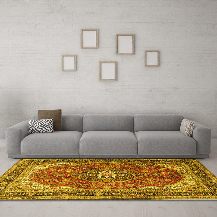 Machine Washable Medallion Yellow Traditional Rug in a Living Room, wshtr1096yw