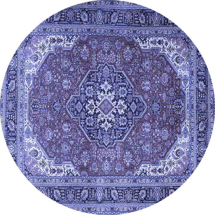 Round Machine Washable Medallion Blue Traditional Rug, wshtr1096blu