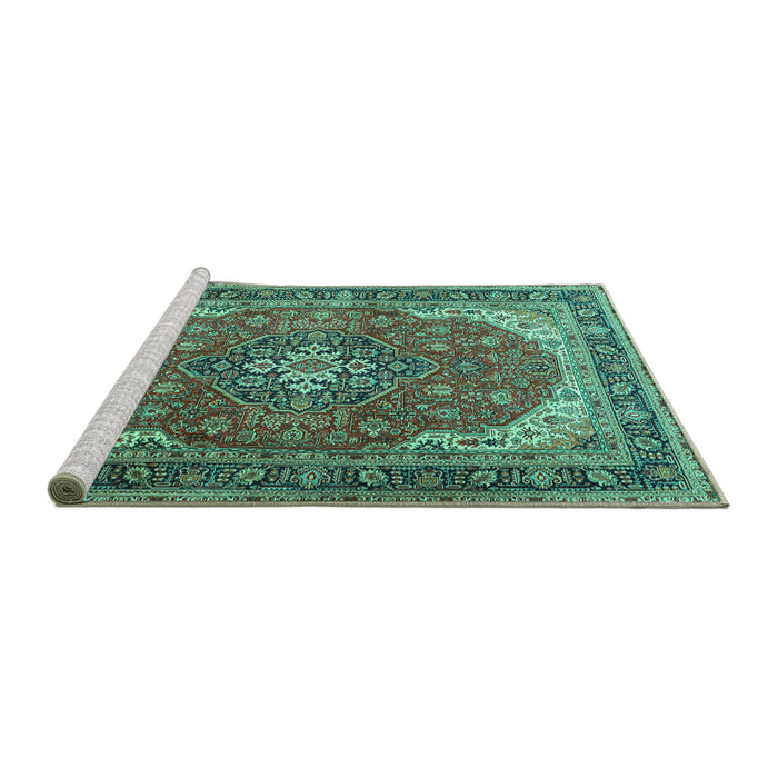 Sideview of Machine Washable Medallion Turquoise Traditional Area Rugs, wshtr1096turq