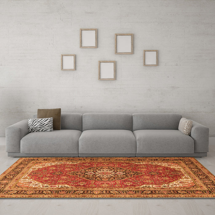 Machine Washable Medallion Orange Traditional Area Rugs in a Living Room, wshtr1096org