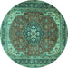 Round Machine Washable Medallion Turquoise Traditional Area Rugs, wshtr1096turq