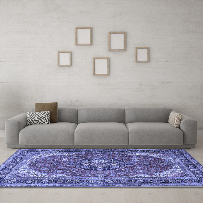 Machine Washable Medallion Blue Traditional Rug in a Living Room, wshtr1096blu