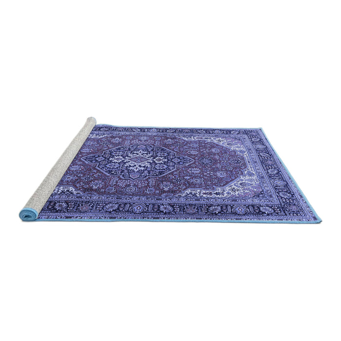 Sideview of Machine Washable Medallion Blue Traditional Rug, wshtr1096blu