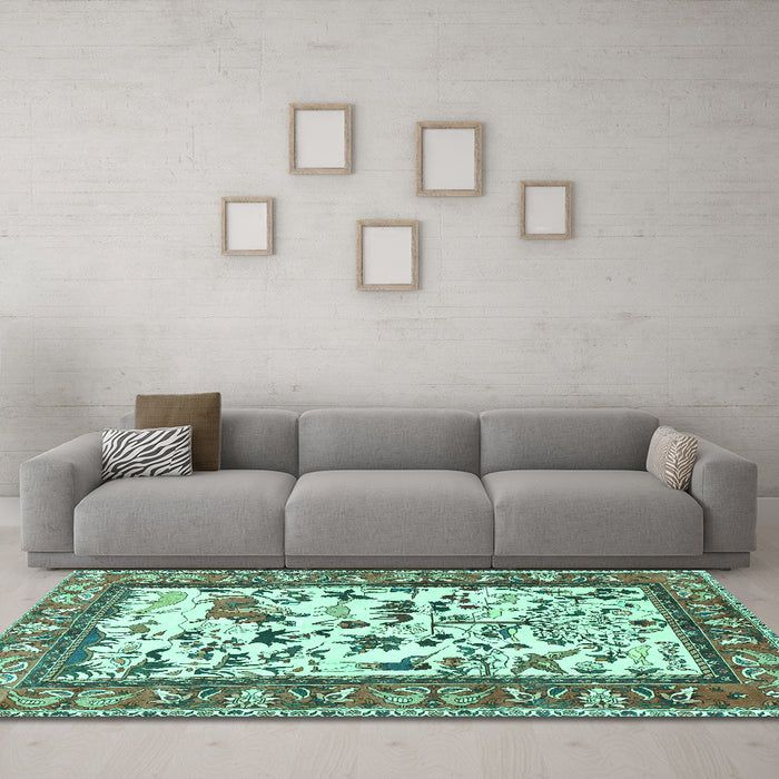 Machine Washable Animal Turquoise Traditional Area Rugs in a Living Room,, wshtr1097turq