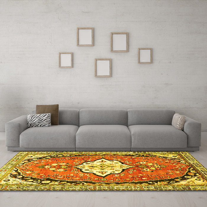 Machine Washable Medallion Yellow Traditional Rug in a Living Room, wshtr1098yw