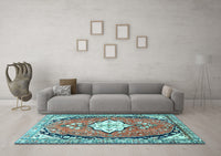 Machine Washable Medallion Light Blue Traditional Rug, wshtr1098lblu