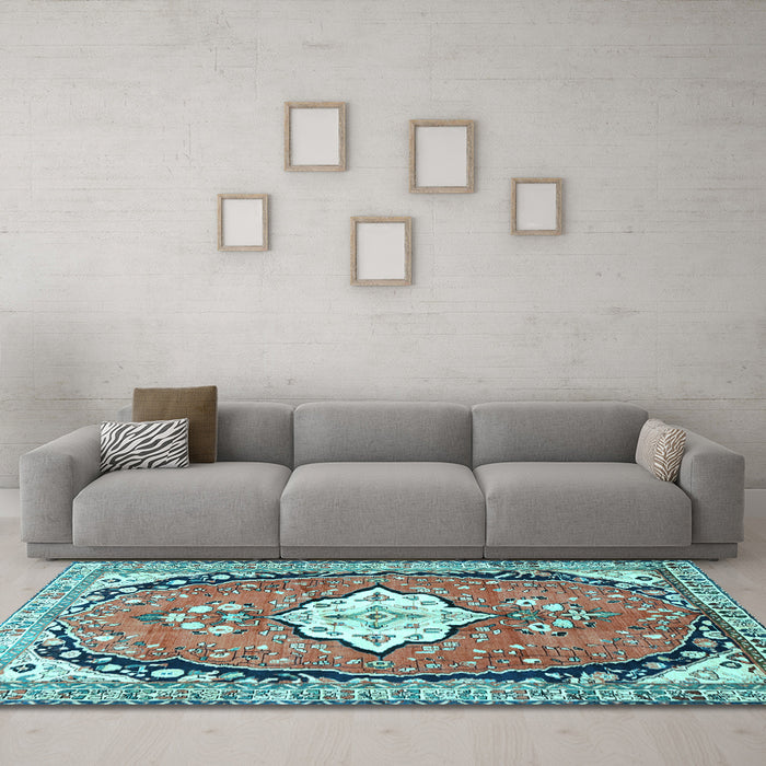 Machine Washable Medallion Light Blue Traditional Rug in a Living Room, wshtr1098lblu