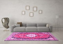 Machine Washable Medallion Pink Traditional Rug in a Living Room, wshtr1098pnk