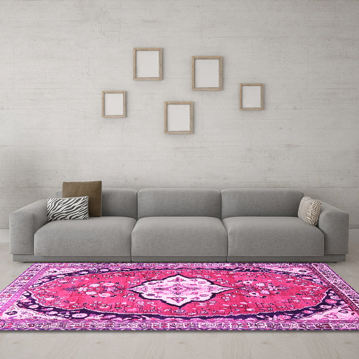 Machine Washable Medallion Pink Traditional Rug in a Living Room, wshtr1098pnk