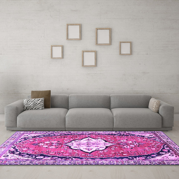 Machine Washable Medallion Purple Traditional Area Rugs in a Living Room, wshtr1098pur