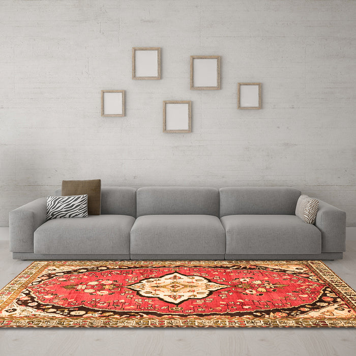 Machine Washable Medallion Orange Traditional Area Rugs in a Living Room, wshtr1098org