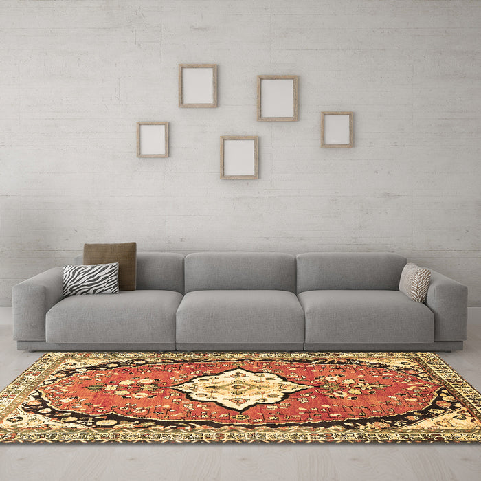 Machine Washable Medallion Brown Traditional Rug in a Living Room,, wshtr1098brn