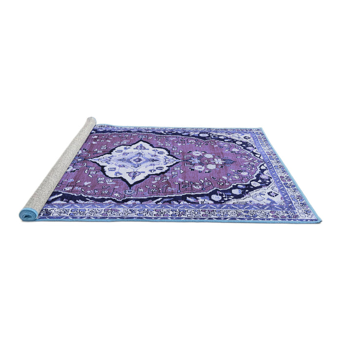 Sideview of Machine Washable Medallion Blue Traditional Rug, wshtr1098blu