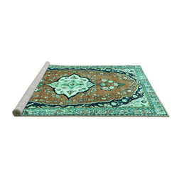 Sideview of Machine Washable Medallion Turquoise Traditional Area Rugs, wshtr1098turq