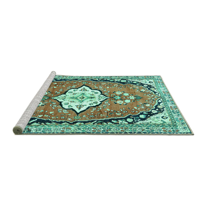 Sideview of Machine Washable Medallion Turquoise Traditional Area Rugs, wshtr1098turq