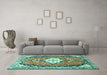 Machine Washable Medallion Turquoise Traditional Area Rugs in a Living Room,, wshtr1098turq