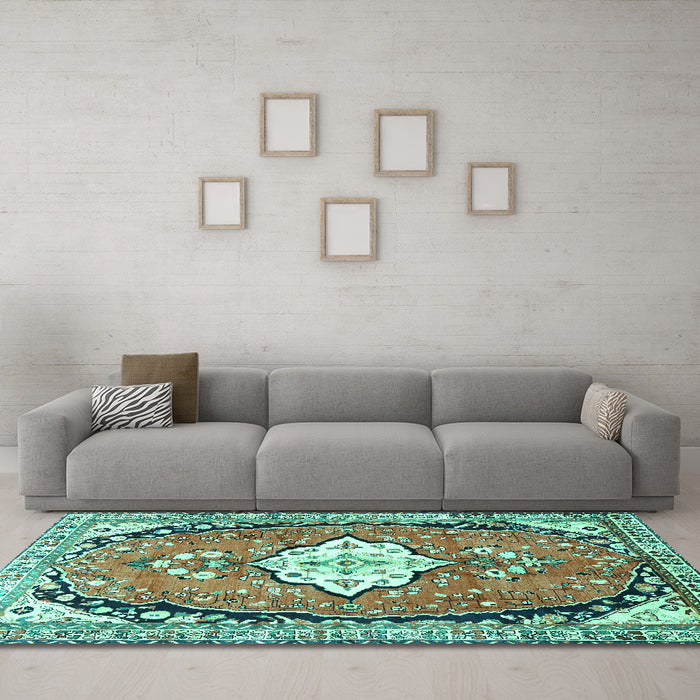 Machine Washable Medallion Turquoise Traditional Area Rugs in a Living Room,, wshtr1098turq