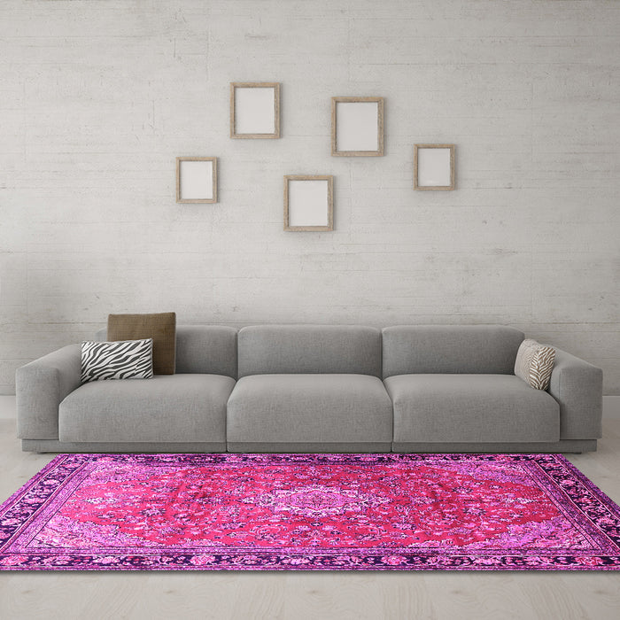 Machine Washable Persian Pink Traditional Rug in a Living Room, wshtr1099pnk