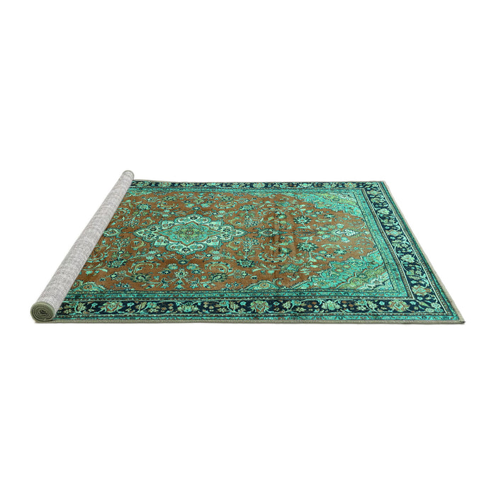 Sideview of Machine Washable Persian Turquoise Traditional Area Rugs, wshtr1099turq