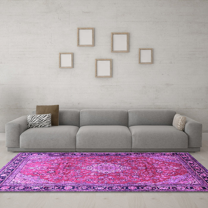 Machine Washable Persian Purple Traditional Area Rugs in a Living Room, wshtr1099pur