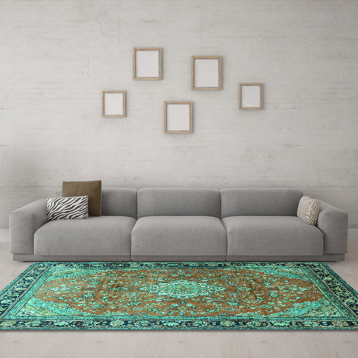 Machine Washable Persian Turquoise Traditional Area Rugs in a Living Room,, wshtr1099turq
