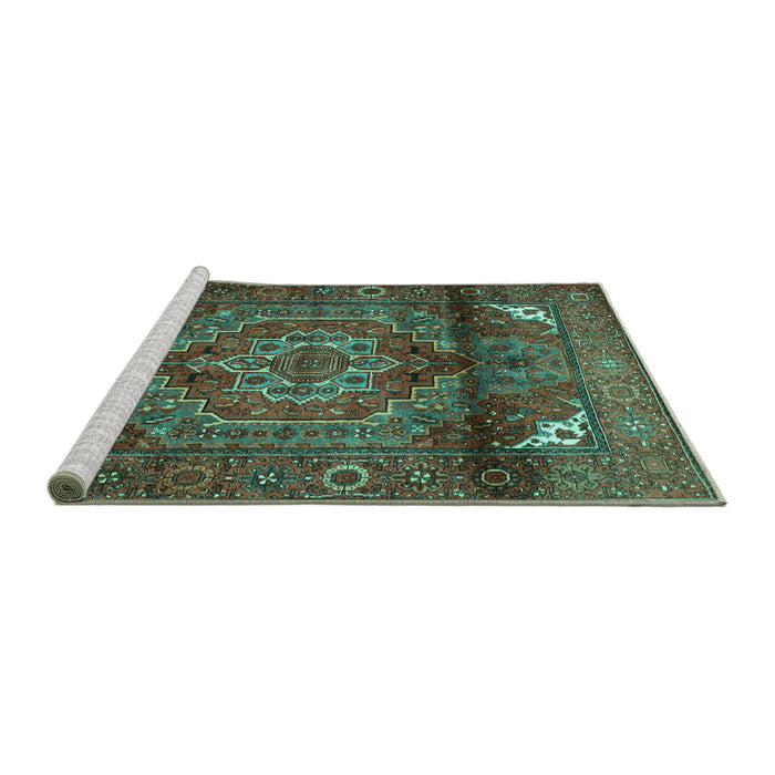 Sideview of Machine Washable Persian Turquoise Traditional Area Rugs, wshtr109turq