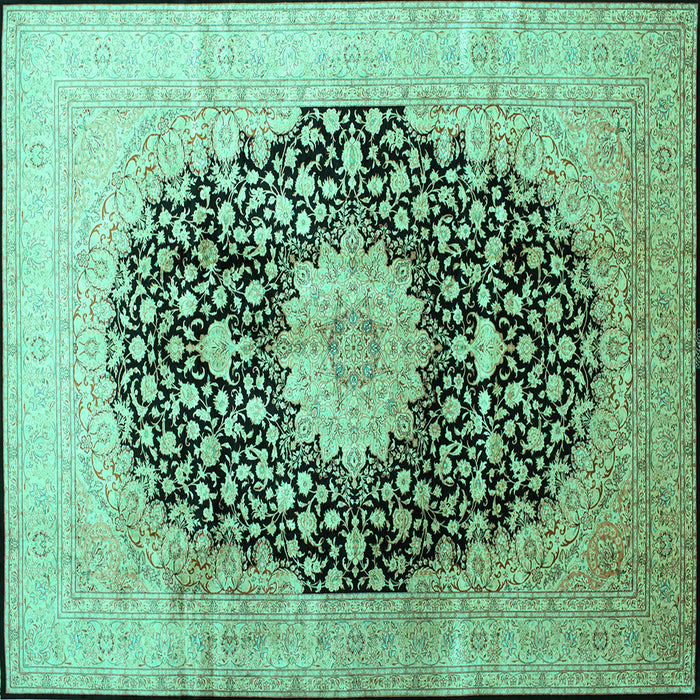 Square Machine Washable Medallion Turquoise Traditional Area Rugs, wshtr10turq