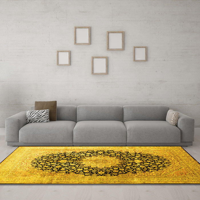 Machine Washable Medallion Yellow Traditional Rug in a Living Room, wshtr10yw