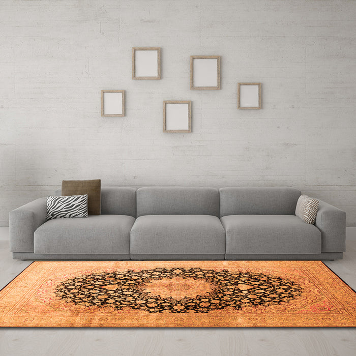 Machine Washable Medallion Orange Traditional Area Rugs in a Living Room, wshtr10org
