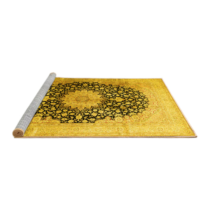 Sideview of Machine Washable Medallion Yellow Traditional Rug, wshtr10yw