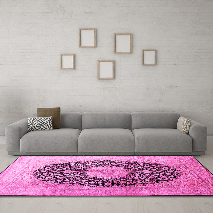 Machine Washable Medallion Pink Traditional Rug in a Living Room, wshtr10pnk