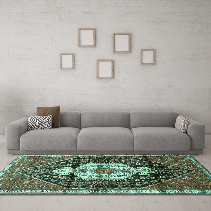 Machine Washable Persian Turquoise Traditional Area Rugs in a Living Room,, wshtr1100turq
