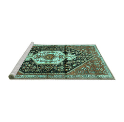 Sideview of Machine Washable Persian Turquoise Traditional Area Rugs, wshtr1100turq
