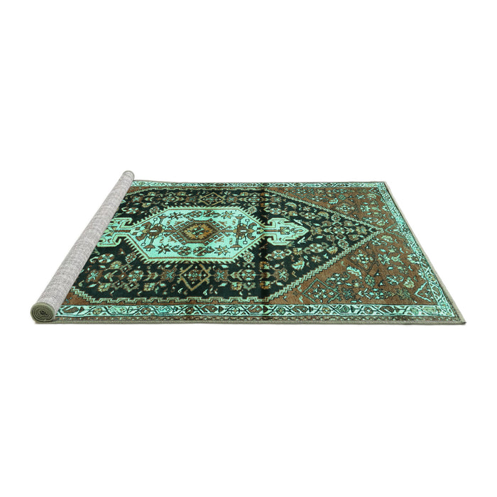 Sideview of Machine Washable Persian Turquoise Traditional Area Rugs, wshtr1100turq