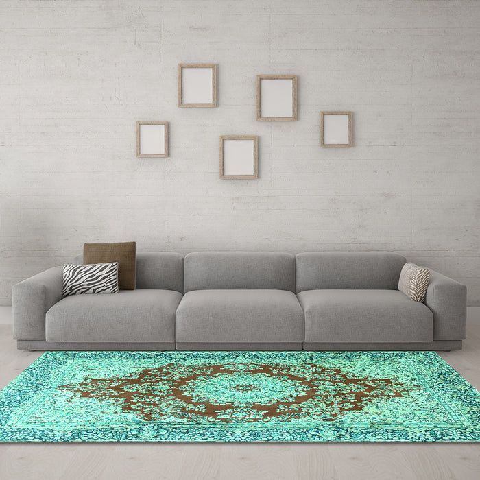 Machine Washable Persian Turquoise Traditional Area Rugs in a Living Room,, wshtr1101turq