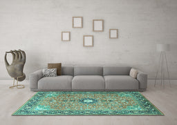 Machine Washable Persian Turquoise Traditional Area Rugs in a Living Room,, wshtr1102turq