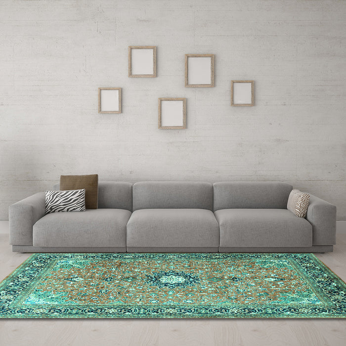 Machine Washable Persian Turquoise Traditional Area Rugs in a Living Room,, wshtr1102turq