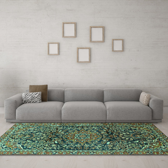 Machine Washable Persian Turquoise Traditional Area Rugs in a Living Room,, wshtr1103turq