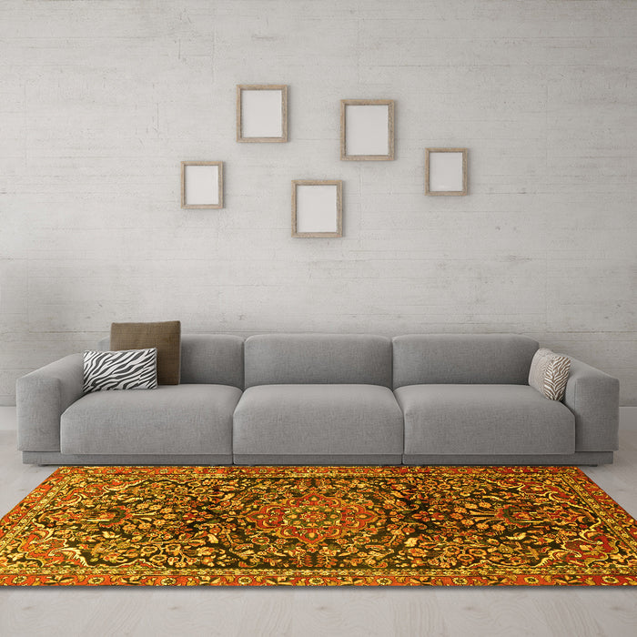Machine Washable Persian Yellow Traditional Rug in a Living Room, wshtr1103yw