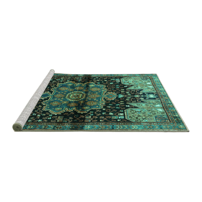 Sideview of Machine Washable Persian Turquoise Traditional Area Rugs, wshtr1104turq